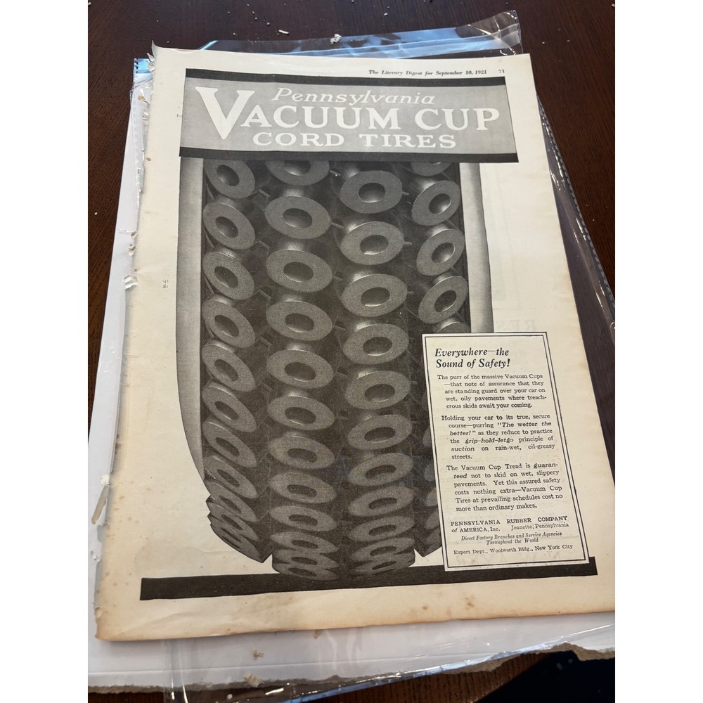 Pennsylvania Vacuum Cup Cord Tires 1921 Vintage Print Ad Black White Automotive